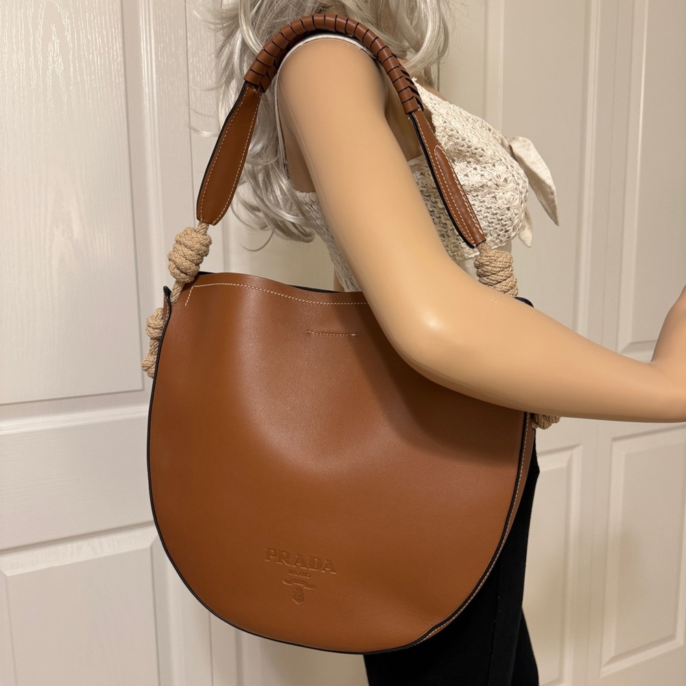 PRADA Leather Brown Shoulder Handbag with Braided Strap - Picture 1 of 14